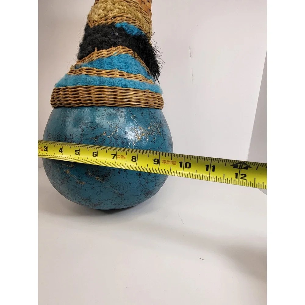 Handmade Mixed Media Gourd Vase Woven Wicker Textile Teal Blue Boho Decor 12in